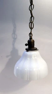 ANTIQUE VINTAGE c1920 BRASS PENDANT LIGHT W/FLUTED MILK GLASS LAMP SHADE - Picture 1 of 24