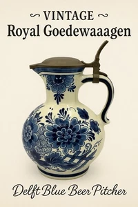 Vintage Royal Goedewaagen Delft Blue Ceramic Beer Pitcher & Pewter Lid Handmade - Picture 1 of 14