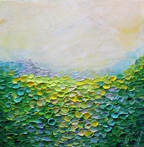 Original Textured Landscape Painting - Summer Vibe Square Canvas by Luiza Vizoli - Picture 1 of 7