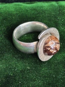 1960s Vintage Abstract Sterling Silver Ring Ocean Jasper Size R - Picture 1 of 16