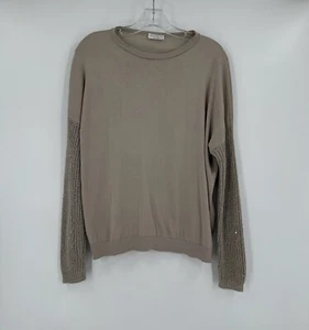 Brunello Cucinelli Womens Taupe Cotton Crochet Sequin Sleeves Sweater Sz S - Picture 1 of 7