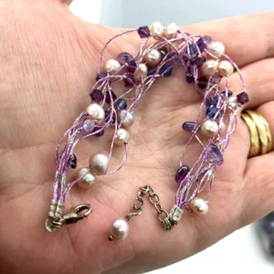 Freshwater dyed Pearl 925 silver Clasp Bracelet 20cm purple glass bead vintage - Picture 1 of 7