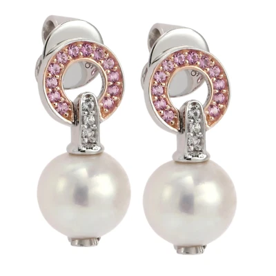 Pendientes circulares Suzy Levian de plata de ley con perlas y zafiro rosa Foto 1 de 2