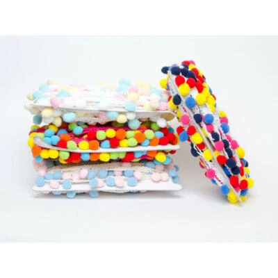 12mm Pom Pom Trim. Baby Pastels, Pink Blue Lemon White , Rainbow Bright Colours  - Image 1 of 3