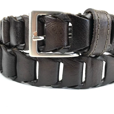 Cinturón Para Hombres L 38-42 Marrón Oscuro Italiano Cuero Eslabón Vestido Informal Latón Hebilla Boho Foto 1 de 4