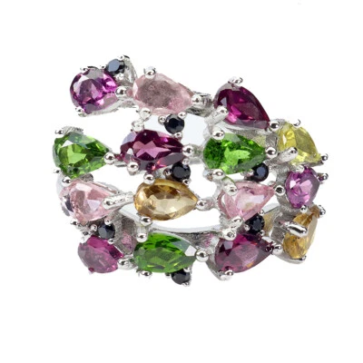 925 Sterlingsilber Ring Birnenförmiger Turmalin Spinell Chrom Diopsid Edelstein - Bild 1 von 4