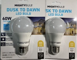MIGHTY BULB Dusk To Dawn LED Light Bulbs - 2 Pack 800 Lumens Warm White 60W A19 - Picture 1 of 5