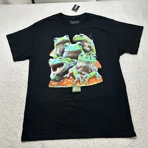 Spencer's Men's Large Tree Frogs Rainforest Mushrooms Graphic T Shirt Black Tee - Picture 1 of 11