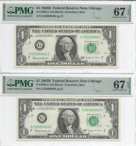 1963B $1 CHICAGO FRNs 2 PMG Superb GEM Uncirculated 67 EPQ Banknotes BARR Signed - Picture 1 of 2