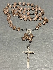 Vintage 925 Sterling Crucifix Rosary Beads Peach Faceted Crystals 25" Length - Picture 1 of 9