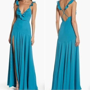 Fame and Partners The Cora Gown Womens Size 2 Teal Blue Ruffled Backless Slit - Picture 1 of 7