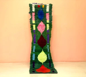 Moroccan Area Rug,Vintage Boho Rug,Green Mid Century Rug,Handmade Runner 2x7'5 - Picture 1 of 13