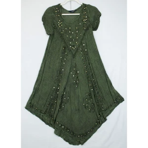 Riviera Sun Asymmetrical Midi Dress Embroidery Sequin Women M Olive Flowey - Picture 1 of 8