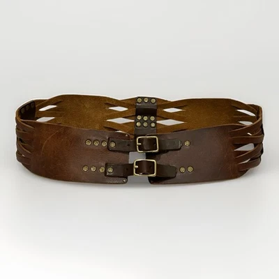 Womens XL Lucky Brand Brown Wide 4” Leather Belt Woven Studded Western Corset - Image 1 of 4