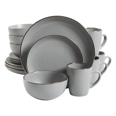 Gibson Home Rockaway Round Stoneware Dinnerware, Service for 4, Grey w/ Gold Rim - Image 1 of 4