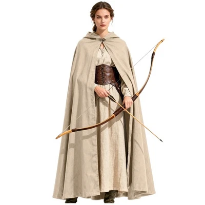 Medieval Hooded Cloak Renaissance Khaki Cape with Hood Halloween Sorcerer Cos... - Image 1 of 4