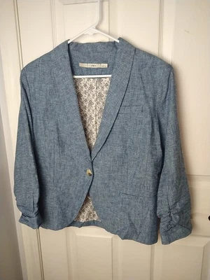 Blazer Gibson Feminino XL Azul Floral Forrado Um Botão Fechado Manga Amassada Prof - Imagem 1 de 4