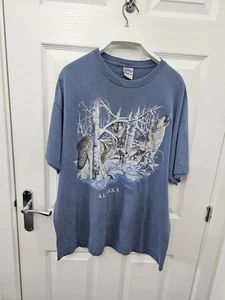 Vintage Alaska Wolves T Shirt Size XL Gildan Blue - Picture 1 of 10