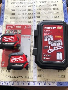 30 PIECE HUSKY 1/4"-INCH -IN DRIVE SOCKET WRENCH SET + 2PK MILWAUKEE 25FT TAPE - Picture 1 of 12