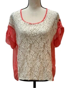 A’reve by Anthropology Lace Blouse Ivory Orange Short Sleeve Hi-Low No Size - Picture 1 of 9