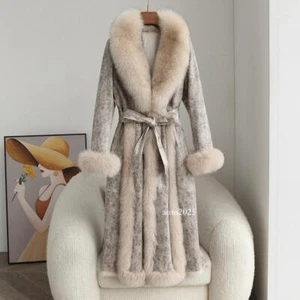 Women's Mid Long Coat Overcoat Real Fox Fur Collar Rabbit Fur Lined Winter Parka - Picture 1 of 27