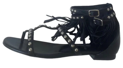 Yves Saint Laurent Sandal Womens size 38 Black Leather Studded Gladiator Fringe - Image 1 of 4