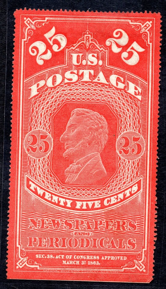 US 1865 NEWSPAPER STAMP SCOTT #PR3 ABRAHAM LINCOLN BY THE NATIONAL BANK NOTE CO. - Image 1 of 2