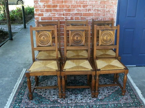 Set of  6 French Antique Renaissance Oak Rush Seat Dining Room Chairs Cover