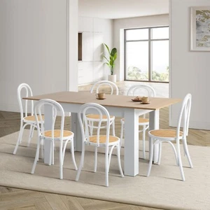 Oikiture 160cm Extendable Dining Table with 6PCS Crossback Dining Chairs White - Picture 1 of 10
