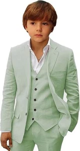 Linen Boy Suit Summer Beach Wedding Groom Formal Suit Blazer Vest Pant 3 Piece - Picture 1 of 31