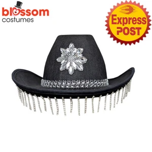 TM398 Black Festival Cowboy Rhinestones Hat Crystals Western Cowgirl Costume - Picture 1 of 2