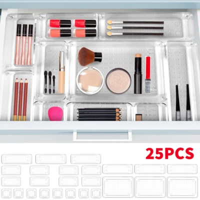 25Pcs Plastic Draw Organiser Box Desk Drawer Fridge Trays Makeup Storage Divider - Image 1 of 4