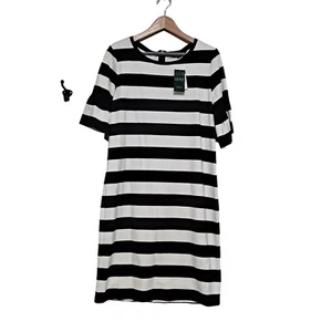 Lauren Ralph Lauren Dress Woman M Black Stripe Ruffle Sleeve Academia Heritage - Picture 1 of 13