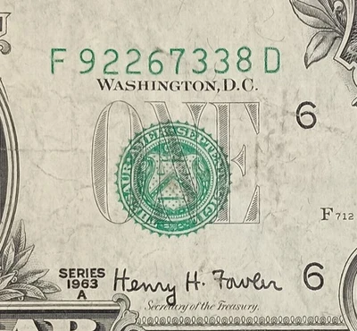 F92267338D $1 Overprint Shift Misaligned Misprint Error One Dollar Bill 1963A - Image 1 of 4