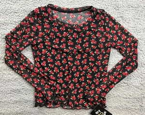 Art Class Girl's Size Small (6-7) Long Sleeve Mesh Crew Top Black Floral - Picture 1 of 6