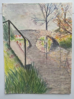 Vintage Watercolor Painting Stone Arch Outdoor Park Landscape 12 x 9 OOAK - image 1 of 4