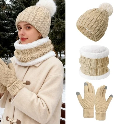 Invierno Gorro Sombrero Bufanda Guantes Conjunto para Mujer Vellón Forrado Sombrero Pantalla Táctil Guantes Foto 1 de 4