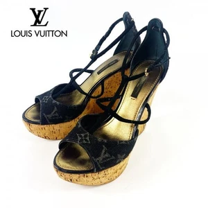 Sandalias LOUIS VUITTON con suela de cuña de corcho monograma denim talla 37,5 (24,5 cm) negras - Imagen 1 de 24