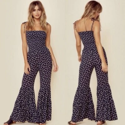 Blue life fiesta jumpsuit ditsy floral flare leg smocked navy women’s XS - Image 1 of 4
