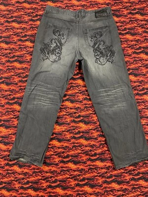 Pantalones de mezclilla para hombre de colección Y2K Ecko Unltd crudos y sin cortar "Medusa" grunge holgados patinador 40x32 Foto 1 de 4