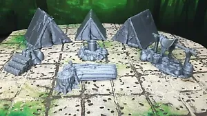 Adventurer's Camp con tende, Campfire Scatter Terrain Dungeons & Dragons 28 mm - Foto 1 di 9