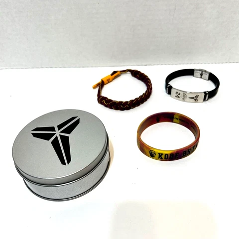 Mixed Lot of 3 Kobe Bryant NBA Lakers Bracelets Rubber Steel and Braided in Tin Cover