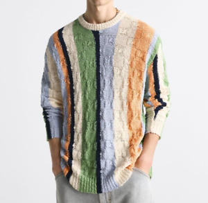 NEW Zara Sweater Mens XL Textured Cotton Knit Striped Multicolor Pullover Shirt