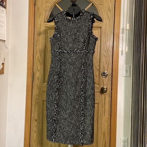 Abito tubino Michael Kors nero grigio bianco tweed frange taglia 6 carriera ufficio