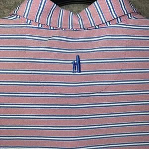 Johnnie O Polo Shirt Men's Size Med Pink Striped Blue and White Stretch Logo EUC - Picture 1 of 13