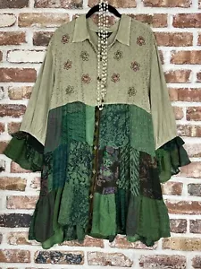 Overdyed Patchwork Block Vintage EMBROIDERED Laced BOHO TUNIC TOP - Picture 1 of 4