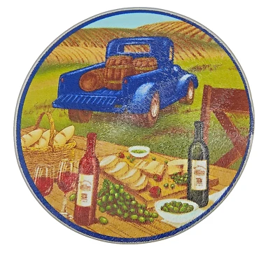 Glass Cutting Board Round Trivet Blue Truck Wine Country Charcuterie 7.75" - Image 1 of 4
