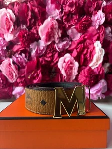 Reversible Adjustable Cognac to Black MCM Leather Belt Gold M Buckle - Picture 1 of 9