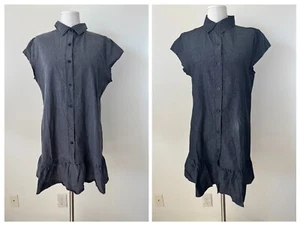 Women's L XL 2XL Mini DRESS Black Chambray Cap Sleeve Button Front Ruffled Hem - Picture 1 of 8