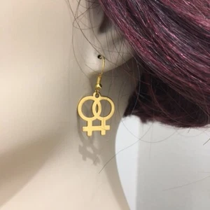 Handcrafted LGBTQ Pride Double Female Gender Symbols Earrings In Gold Tone-Hook - Picture 1 of 4